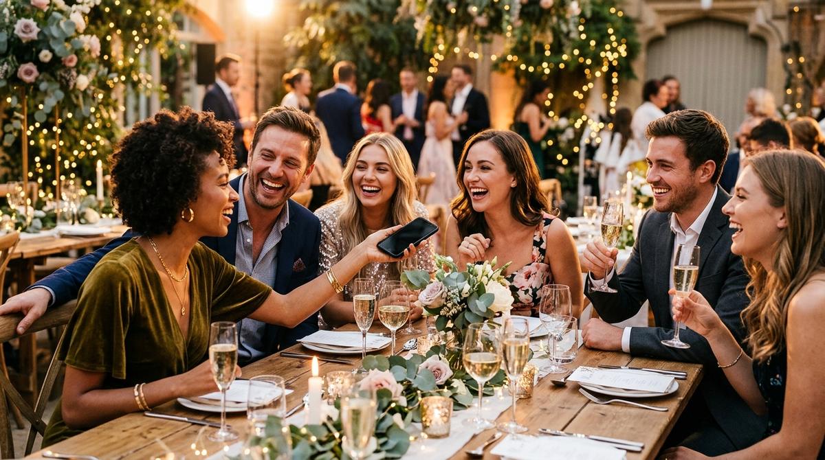 Une tablée de mariage rit pendant qu'une invitée enregistre une anecdote au téléphone