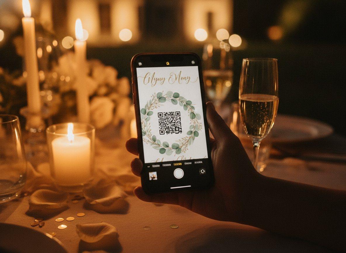À une table de mariage éclairée aux bougies, une invitée scanne avec son téléphone l'affichette QR au décor d'eucalyptus.