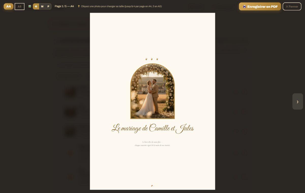La visionneuse numérique : couverture A4 d'un livre de mariage sur tablette.