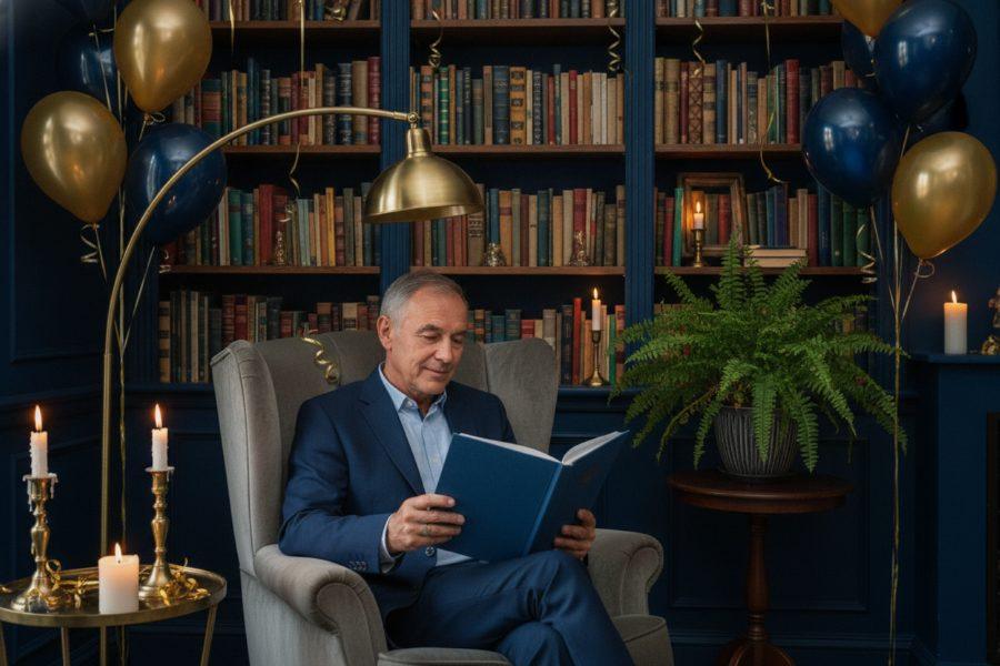 Le collègue fêté, installé dans un fauteuil devant sa bibliothèque, lit le livre bleu de sa carrière.
