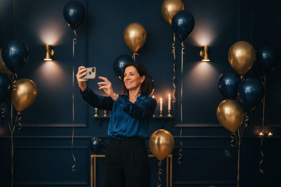 Au pot de départ, entre ballons bleu nuit et or, une collègue se prend en photo avec son téléphone avant de déposer son souvenir.