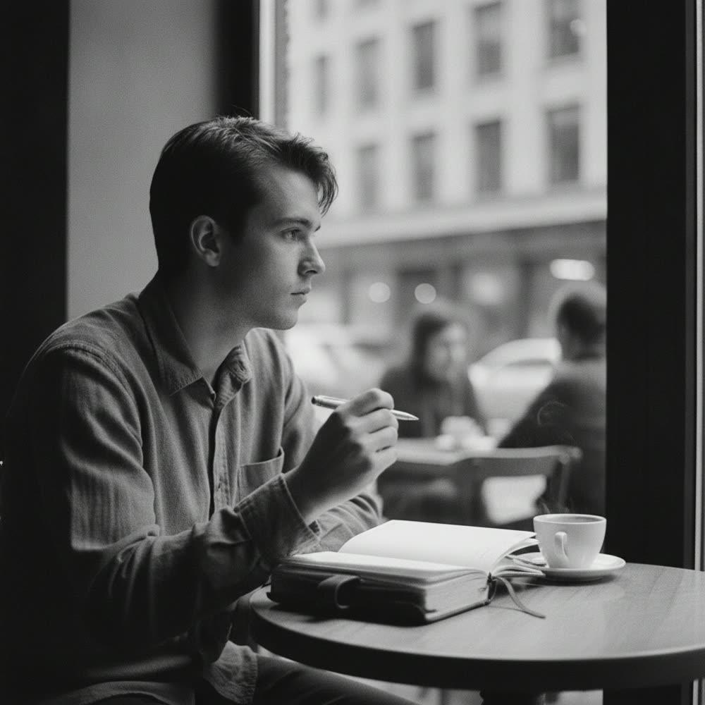 Dans un café, un jeune auteur regarde par la vitre, stylo levé, un carnet ouvert devant lui — photo en noir et blanc.