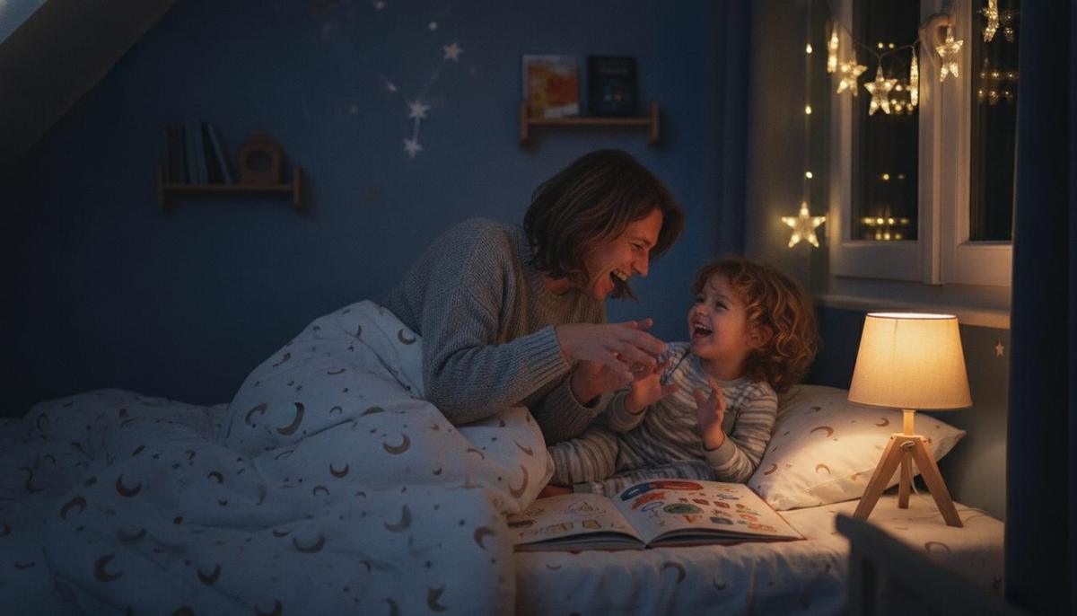 Dans une chambre d'enfant aux murs bleu nuit, sous une guirlande d'étoiles, une mère et son enfant rient, un livre ouvert sur la couette.