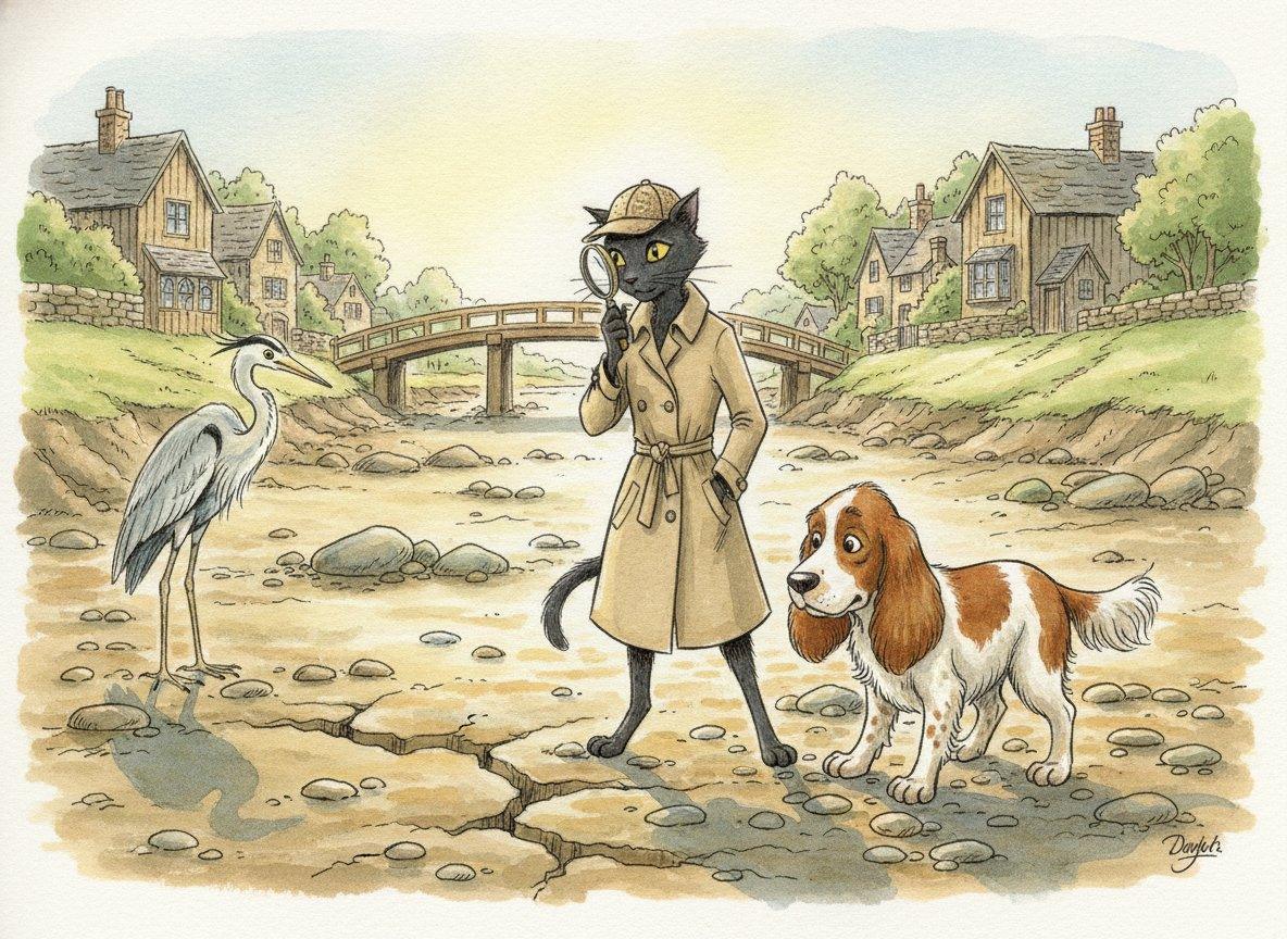 Page illustrée de l'album « Lizzie et la rivière disparue » : une chatte détective à la loupe, un héron et un épagneul sur le lit d'une rivière à sec.