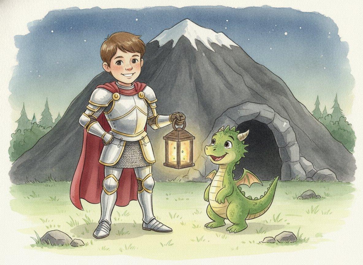 Illustration aquarelle : Léo en armure de chevalier tient une lanterne face à un petit dragon vert souriant, devant une grotte au pied de la montagne.