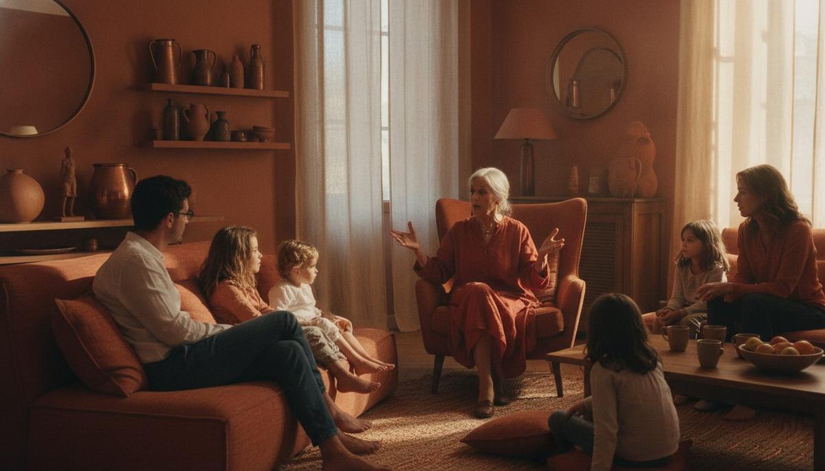 Dans un salon aux murs terracotta, une grand-mère en robe rouge raconte, les mains ouvertes, devant ses enfants et petits-enfants assis autour d'elle.