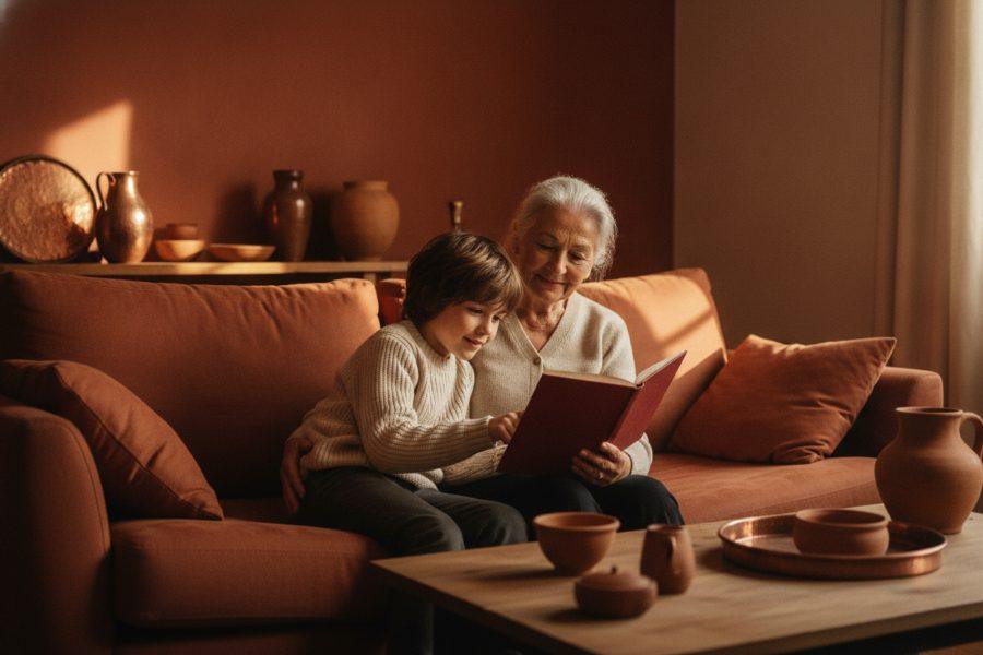 Une grand-mère et son petit-fils, serrés sur un canapé terracotta, lisent ensemble un livre à la couverture rouge.