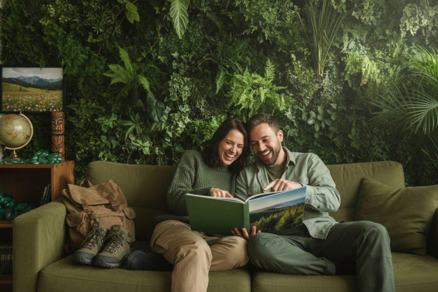 De retour à la maison, un couple rit en feuilletant le beau livre de son voyage, sac à dos et chaussures de marche posés à côté.