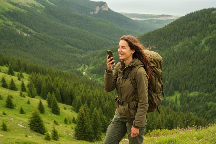 Une randonneuse au sac à dos, cheveux au vent devant une vallée boisée, dicte ses impressions à son téléphone en souriant.