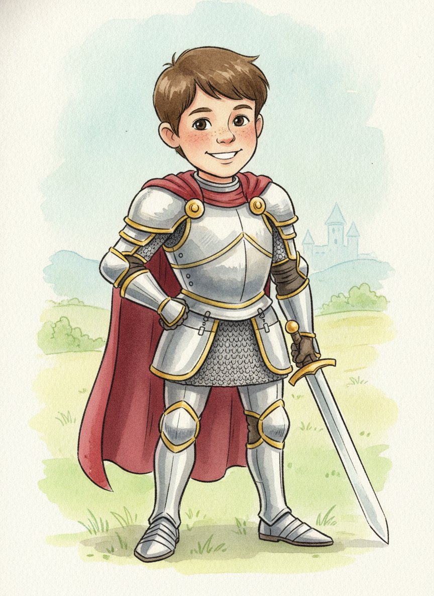 Le même enfant transformé en chevalier d'album illustré