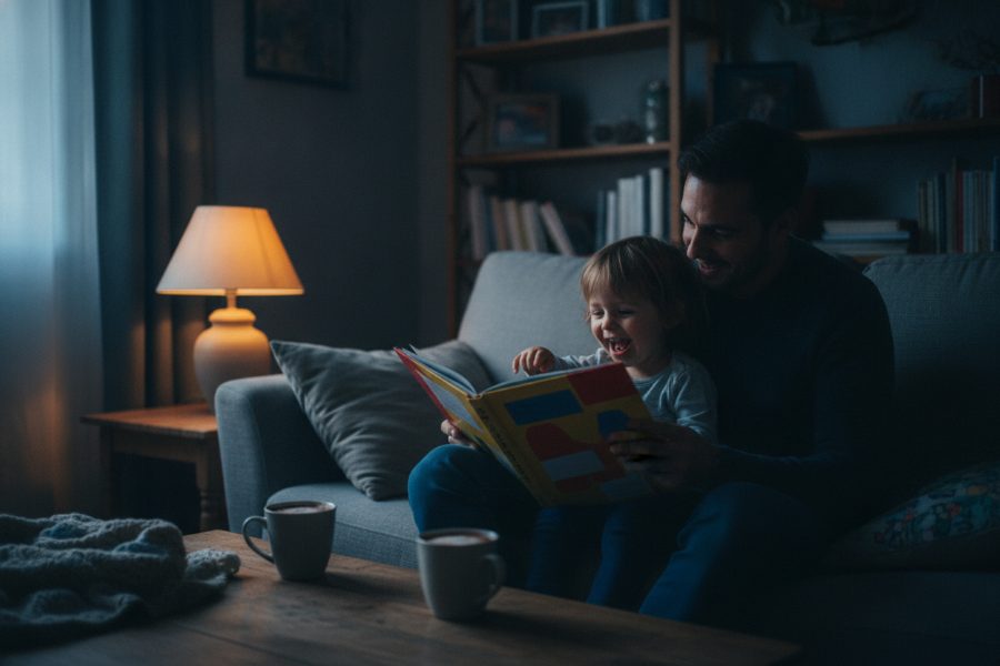 Parent et enfant relisent une histoire imprimée au petit déjeuner