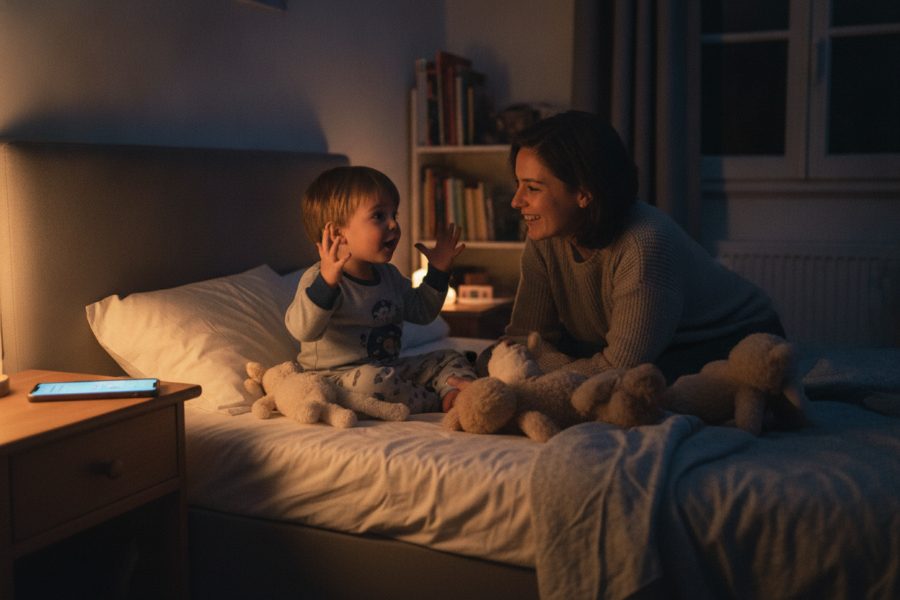 L'enfant assis dans son lit invente la suite, les yeux grands ouverts