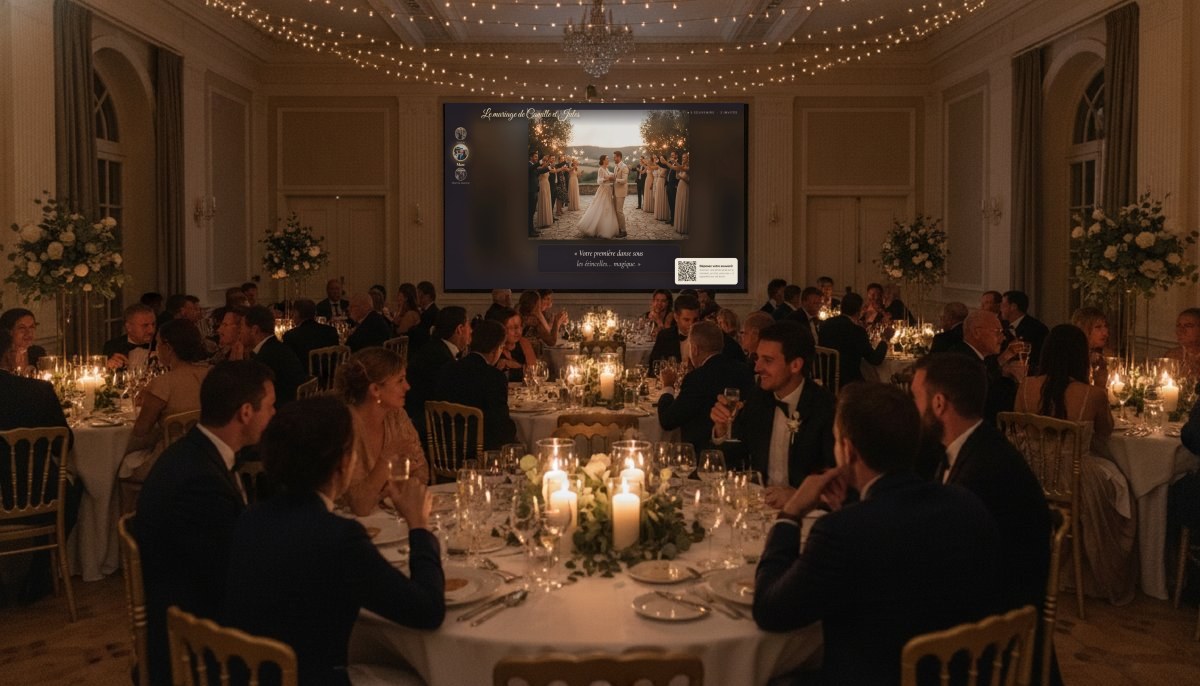 La salle de réception pendant le dîner : le vidéoprojecteur diffuse la photo et le message que l'invité vient de déposer