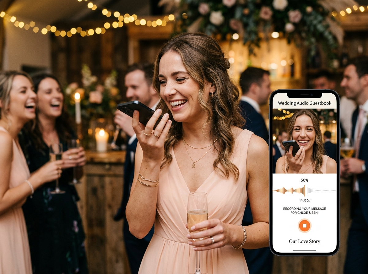 Invitée souriante enregistrant son message vocal au mariage