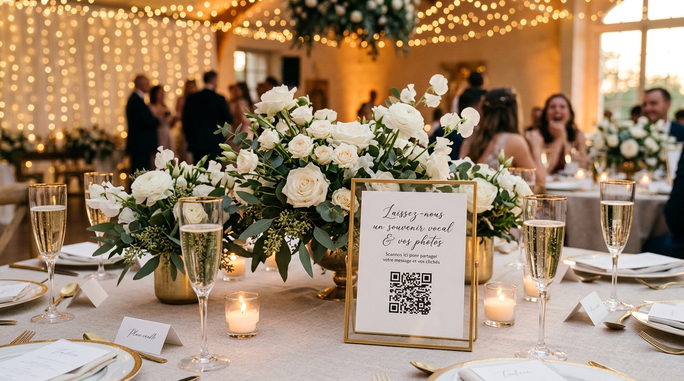 Affichette QR Code sur table de mariage chic