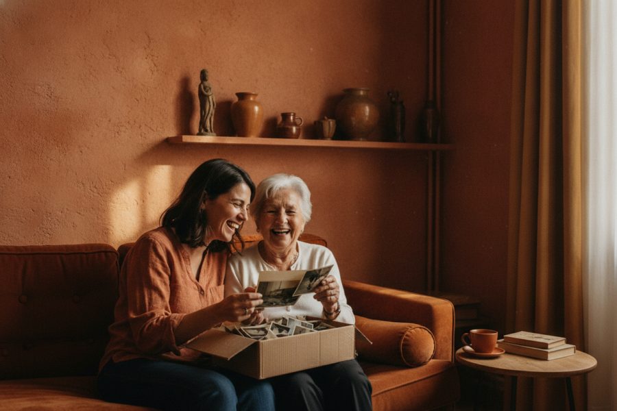 Une fille et sa mère rient devant une boîte de vieilles photos