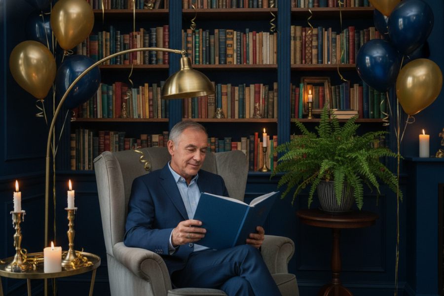 Le retraité lit son livre souvenir dans son fauteuil