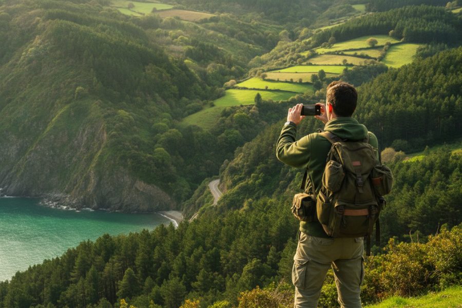 Un voyageur photographie la vallée verte au petit matin